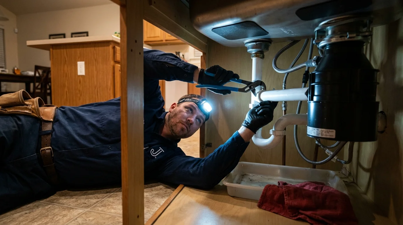 P-trap and supply line connections under a kitchen sink showing a common leak point in Cross Plains, TN